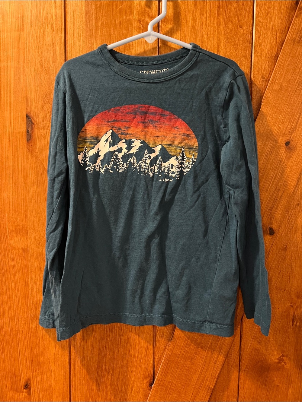 J. Crew Teal Long-Sleeve Graphic Mountain Tee with Sunset Print